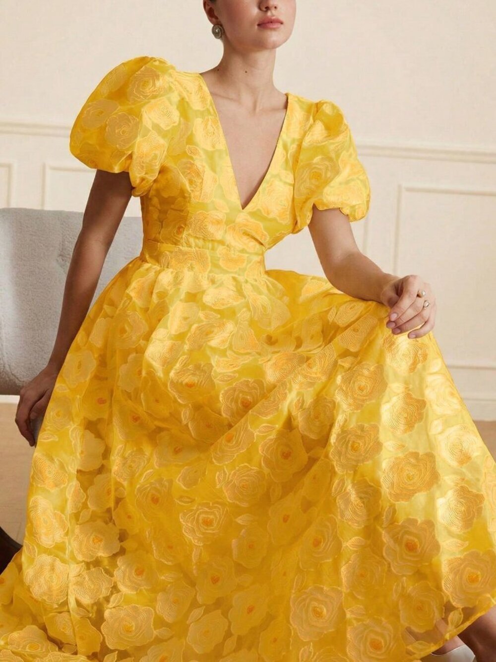 Yellow Elegant Women's Deep V-Neck Waist-Cinched Rose Jacquard Puff Sleeve Dress